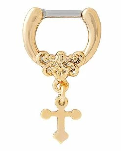Best deal 🥰 Goldtone Cross Dangle Clicker Septum - 16 Gauge 🌟
