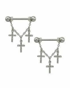 Promo 🔥 CZ Cross Dangle Nipple Barbells - 14 Gauge 🌟
