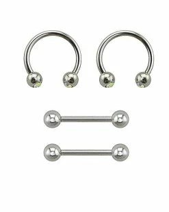 New 😉 Multi-Pack CZ Push In Nipple Horseshoes and Nipple Barbells 2 Pair - 14 Gauge ✔️
