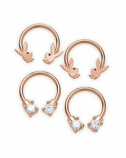 Cheapest 🎉 Multi-Pack CZ Rose Gold Playboy Bunny Horseshoe Rings 4 Pack - 16 Gauge ✔️