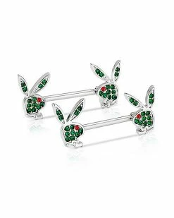 Coupon 🥰 Green Playboy Bunny Gem Nipple Barbells - 14 Gauge ⭐