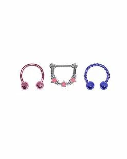 Discount 🥰 Multi-Pack Pink and Purple Star Septum Rings 3 Pack - 16 Gauge 😀
