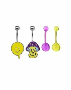 Coupon ⌛ Multi-Pack CZ Trippy Smiley and Mushroom Belly Rings 4 Pack - 14 Gauge 🎁