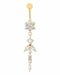 Discount ✔️ CZ Goldtone Flower Dangle Belly Ring - 14 Gauge ✔️