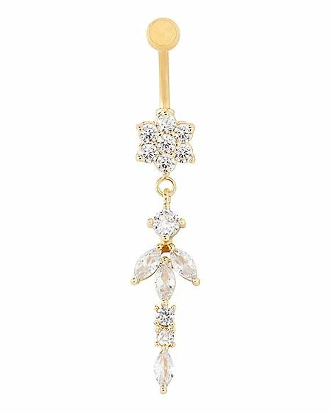 Discount ✔️ CZ Goldtone Flower Dangle Belly Ring - 14 Gauge ✔️ 3 Discount ✔️ CZ Goldtone Flower Dangle Belly Ring - 14 Gauge ✔️