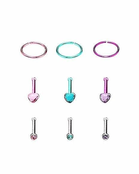 Cheap π Multi-Pack Pink Teal and Purple Heart Bone Nose Rings and Hoop Nose Rings 9 Pack - 20 Gauge π 3 Cheap π Multi-Pack Pink Teal and Purple Heart Bone Nose Rings and Hoop Nose Rings 9 Pack - 20 Gauge π