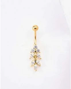 Best Pirce 😉 Triple CZ Leaves Titanium Dangle Belly Ring - 14 Gauge 💯