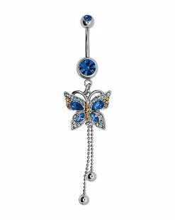 Coupon 🛒 Blue CZ Butterfly Dangle Belly Ring - 14 Gauge ❤️