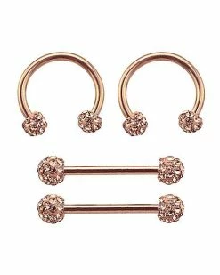 Deals 🎉 Multi-Pack Rose Goldtone Pave Nipple Barbells and Horseshoe Rings 2 Pair - 14 Gauge ✔️ -Playboy Shop 03844388 a