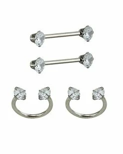 Best Sale 🧨 Multi-Pack Silvertone CZ Nipple Rings 2 Pair – 14 Gauge 👍 -Playboy Shop 03844453 b