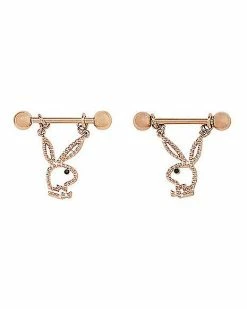 Best Sale 🔔 CZ Rose Goldplated Playboy Bunny Dangle Nipple Barbells - 14 Gauge 🔔