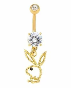 Budget 🧨 CZ Goldtone Playboy Bunny Dangle Belly Ring - 14 Gauge 👍