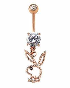 New 👍 CZ Rose Goldplated Playboy Bunny Cut Out Dangle Belly Ring - 14 Gauge 🎁