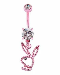 Best Sale ⌛ CZ Pink Playboy Bunny Cut Out Dangle Belly Ring - 14 Gauge 🥰