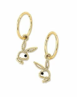 Coupon 👏 CZ Goldtone Playboy Cutout Hoop Dangle Earrings - 18 Gauge 🧨