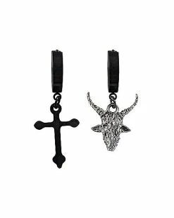 Hot Sale 😉 Baphomet and Cross Huggie Dangle Earrings - 18 Gauge ⌛