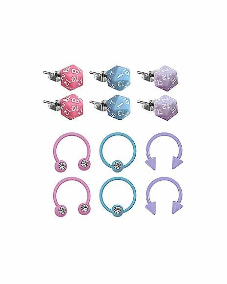Buy π Mutli-Pack Pink Blue and Purple Dice Stud Earrings Captive and Horseshoe Rings 12 Pack - 18 Gauge π 3 Buy π Mutli-Pack Pink Blue and Purple Dice Stud Earrings Captive and Horseshoe Rings 12 Pack - 18 Gauge π