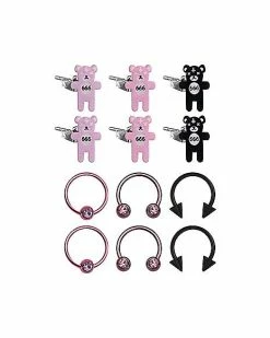 Budget 😀 CZ 666 Bear Stud Captive and Horseshoe Rings 6 Pair - 18 Gauge 🧨