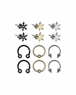 Best deal 🎉 Multi-Pack CZ Throwing Star Stud Earrings Horseshoe Rings and Captive Bead Rings 6 Pair - 18 Gauge ⌛