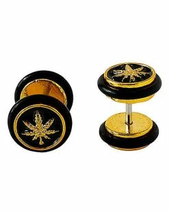 Outlet 😀 Goldtone Weed Leaf Fake Plugs - 18 Gauge ✨ -Playboy Shop 03868882 b