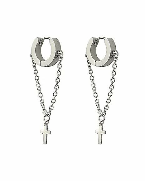 Top 10 ❤️ Chain Cross Dangle Hoop Huggie Earrings - 18 Gauge ❤️ 3 Top 10 ❤️ Chain Cross Dangle Hoop Huggie Earrings - 18 Gauge ❤️