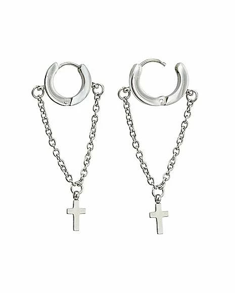 Top 10 ❤️ Chain Cross Dangle Hoop Huggie Earrings - 18 Gauge ❤️ 4 Top 10 ❤️ Chain Cross Dangle Hoop Huggie Earrings - 18 Gauge ❤️ - Image 2