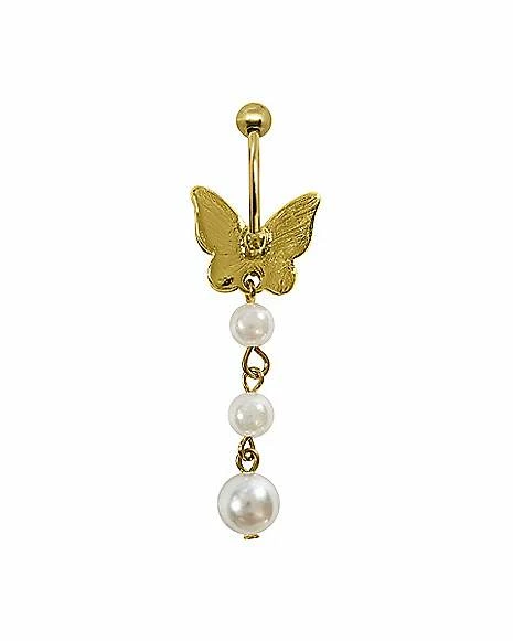 Budget π€© Butterfly Pearl Dangle Belly Ring - 14 Gauge β¨ 4 Budget π€© Butterfly Pearl Dangle Belly Ring - 14 Gauge β¨ - Image 2