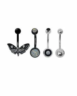 Budget 🛒 Multi-Pack Round CZ Black Butterfly Belly Rings 4 Pack - 14 Gauge 👍