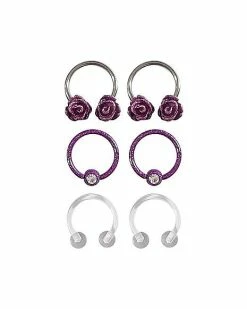 Best Sale 😀 Multi-Pack CZ Purple Rose Horseshoe Rings and Captive Bead Rings 3 Pair - 16 Gauge 🎁