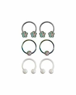 Budget 🌟 Multi-Pack CZ Flower Horseshoe Rings and Captive Rings 3 Pair - 16 Gauge 😀