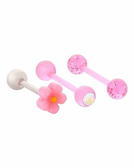 Hot Sale ⨠Multi-Pack CZ Pink Flower Barbells 3 Pack - 14 Gauge 𧨠4 Hot Sale ⨠Multi-Pack CZ Pink Flower Barbells 3 Pack - 14 Gauge 𧨠- Image 2