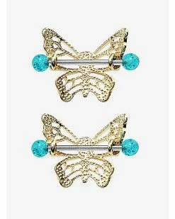 Cheapest ✨ Gold Plated Skull Butterfly Nipple Barbells - 14 Gauge 🎁 -Playboy Shop 03872587 d