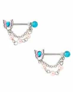 Hot Sale 👏 CZ Butterfly Chain Dangle Nipple Barbells - 14 Gauge 🤩