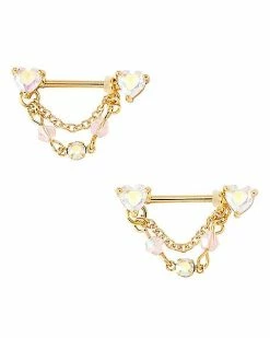Promo ⌛ CZ Goldtone Aurora Borealis Effect Heart Chain Dangle Nipple Barbells - 14 Gauge 🥰