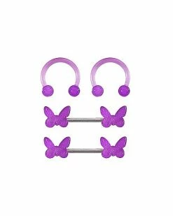 Best reviews of 😍 Multi-Pack Glow in the Dark Purple Butterfly Horseshoe Rings and Nipple Barbells 4 Pack - 14 Gauge 👍