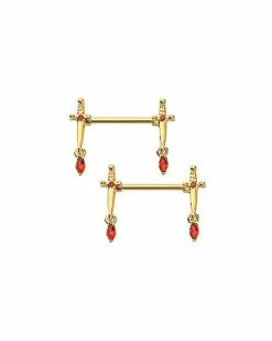 New ✨ Red CZ Goldtone Sword Nipple Barbells - 14 Gauge 🔔