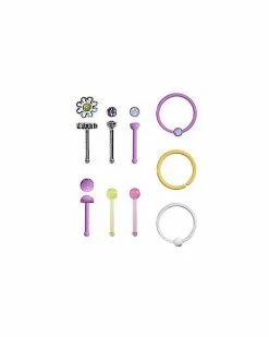 Best deal 🎉 Multi-Pack CZ Pink Yellow Flower Bone and Hoop Nose Rings 9 Pack - 20 Gauge 😀