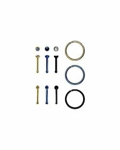 Cheap ⌛ Multi-Pack CZ Blue Gold Black Bone and Hoop Nose Rings 9 Pack - 20 Gauge ✔️