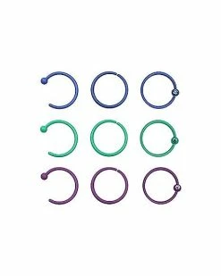 Best deal 🥰 Multi-Pack CZ Purple and Teal Hoop Nose Rings 9 Pack - 20 Gauge 😍