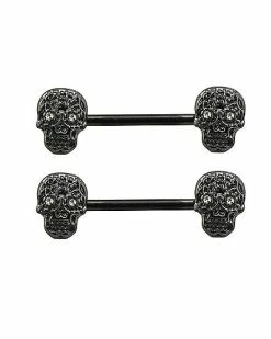 Deals 👏 CZ Black Skull Nipple Barbells - 14 Gauge 🎁