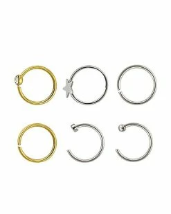 Best Sale ✔️ Multi-Pack CZ Star Hoop Nose Rings 6 Pack - 20 Gauge 🌟