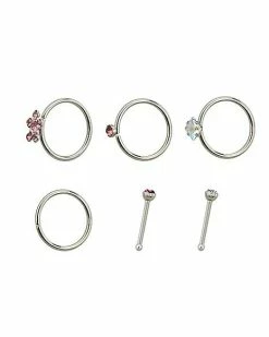 Promo 🤩 Multi-Pack CZ Flower Hoop and Pin Nose Rings 6 Pack - 20 Gauge ✔️