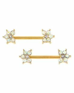 Coupon 🛒 CZ Goldtone Aurora Borealis Effect Flower Nipple Barbells - 14 Gauge 👏