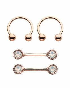 Flash Sale 🌟 Multi-Pack CZ Opal-Effect Rose Gold Plated Nipple Barbells and Horseshoe Rings 4 Pack - 14 Gauge 🧨