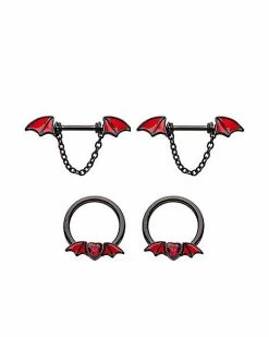 New 😉 Multi-Pack Black Bat Dangle Nipple Barbells 2 Pair - 14 Gauge 😉