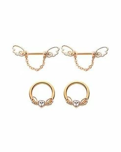 Cheap 🔔 Multi-Pack CZ Gold Plated Wings Nipple Barbells and Captive Rings 4 Pack - 14 Gauge 😍