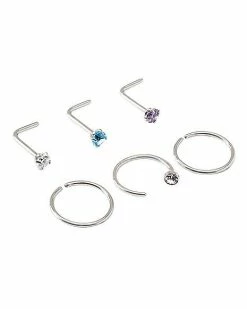 Cheap 🧨 Multi-Pack CZ Silverplated L-Bend and Hoop Nose Rings 6 Pack - 20 Gauge 🧨