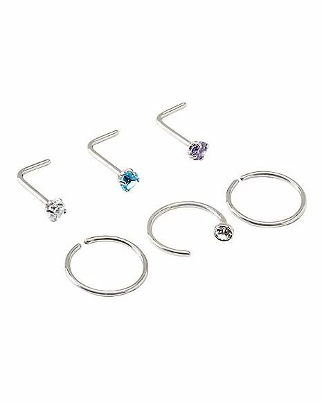 Cheap 𧨠Multi-Pack CZ Silverplated L-Bend and Hoop Nose Rings 6 Pack - 20 Gauge 𧨠3 Cheap 𧨠Multi-Pack CZ Silverplated L-Bend and Hoop Nose Rings 6 Pack - 20 Gauge π§¨