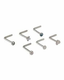 Best Sale 💯 Multi-Pack CZ Silverplated Titanium L-Bend Nose Rings 6 Pack - 20 Gauge 🎉