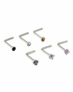 Best Sale ✨ Multi-Pack CZ Black Pink Clear Titanium L-Bend Nose Rings 6 Pack - 20 Gauge 🎉